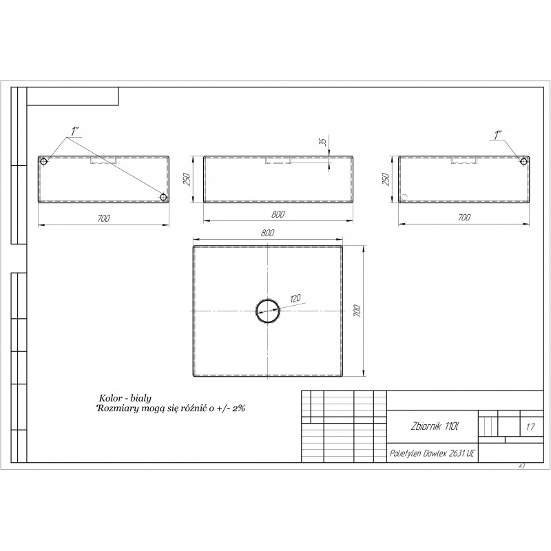 zbiornik 110 litrów płaski rysunek techniczny