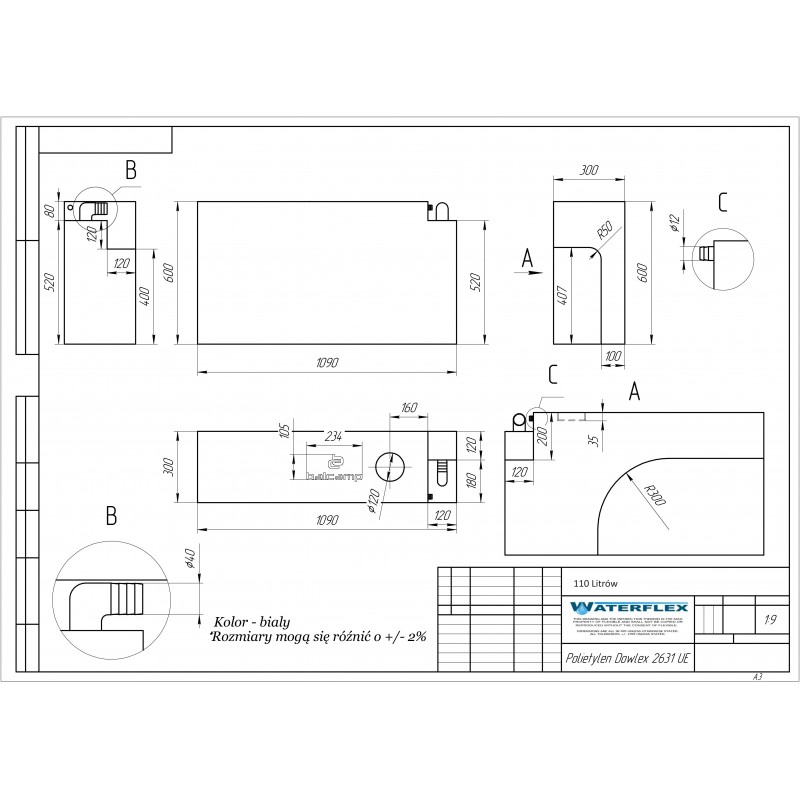 110 litrów nadkole 109x30x60 rysunek techniczny waterflex