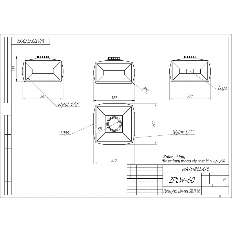 60 liters ZPLW tank with lid 20 cm for drinking water