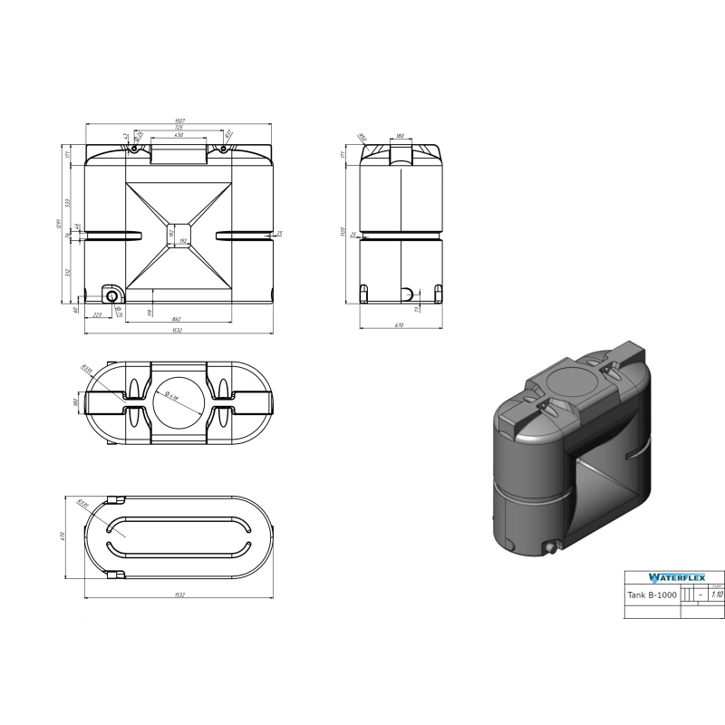 Zbiornik B-1000 NEW 153*67*129 rysunek techniczny waterflex
